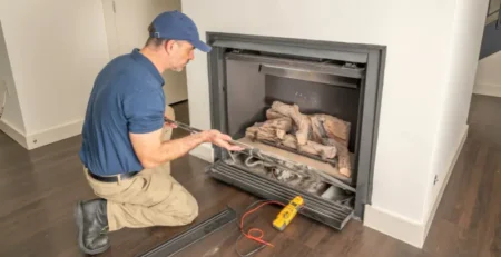 Image of a service technician installing a propane fireplace insert in a home's existing wood burning fireplace.