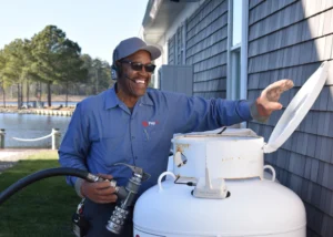 PepUp Delivery Driver Ben Fulton prepares to fill a residential propane tank during a regularly scheduled automatic delivery.