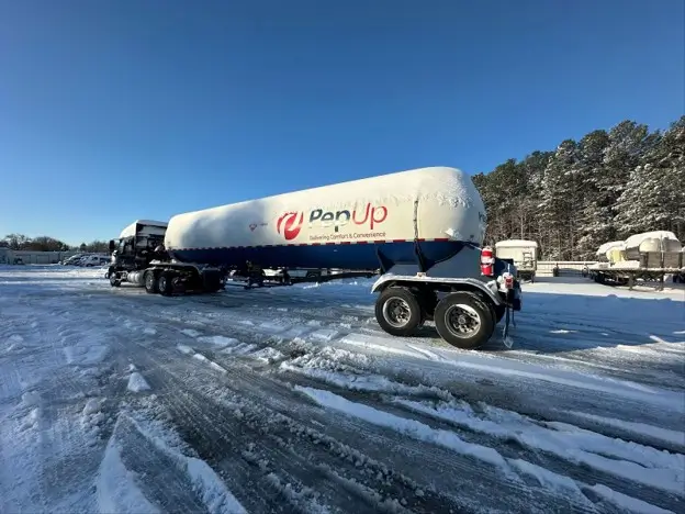 A PepUp wholesale fuel delivery transport truck delivers 8,500 gallons of fuel during the recent snowstorms.