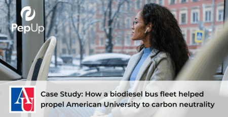 Image depicting an American University student riding a campus shuttle bus fueled by biodiesel from PepUp.
