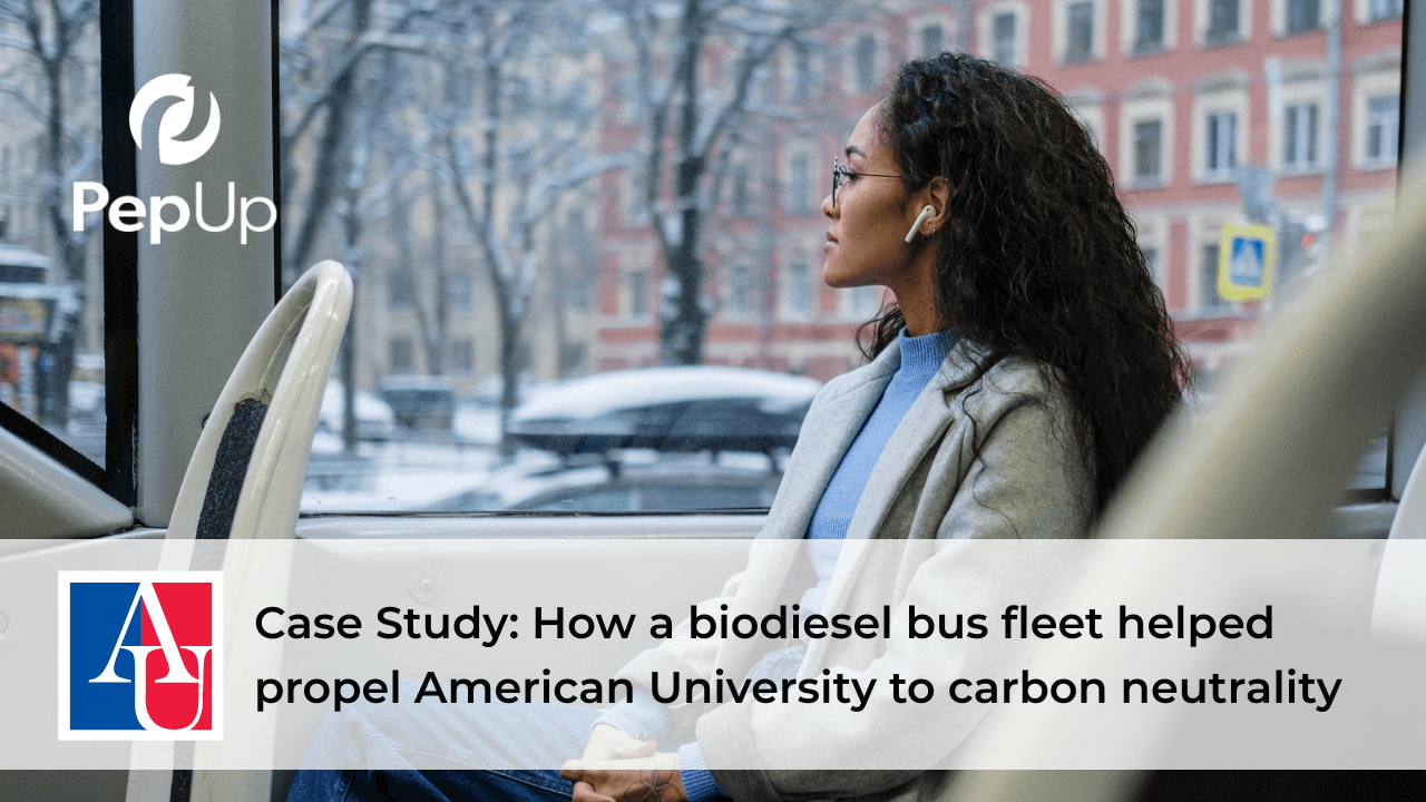 Image depicting an American University student riding a campus shuttle bus fueled by biodiesel from PepUp.