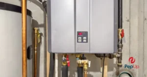 Image of a tankless water heater, which can reduce lost heating energy often experienced by homeowners with tank water heaters.