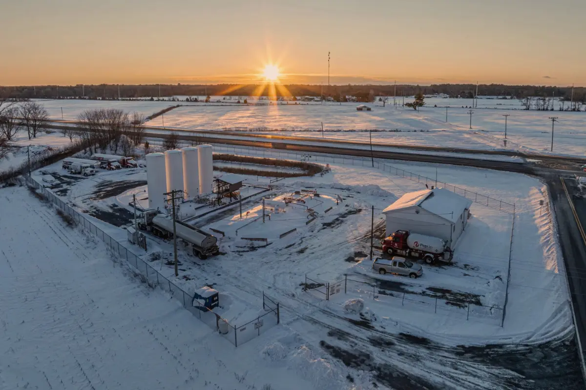 PepUp regional fuel terminal in Federalsburg, aerial view during winter operations, with snow.