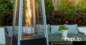 A propane patio heater warms a patio seating area in a Georgetown, DE, back yard in spring.