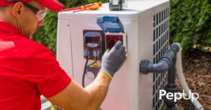 A service technician adjusts a propane pool heater.