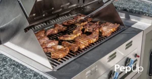 Propane-fueled outdoor grill, cooking steaks while entertaining a crowd on Delmarva.