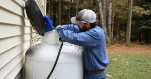 A PepUp propane technician performs a tank safety check after a delivery.
